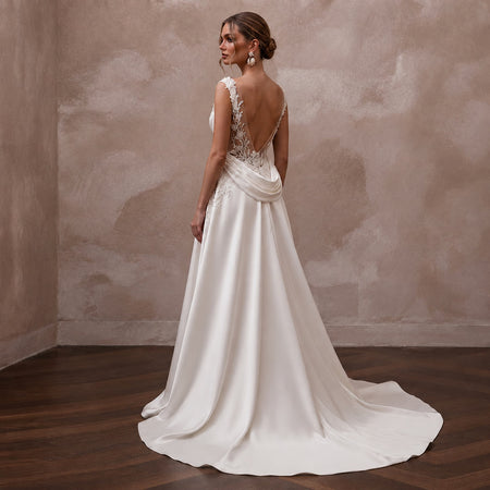 Scoop Neck Wedding Dresses with Romantic Satin Draping - Apparel & Accessories > Clothing > Wedding & Bridal Party Dresses > Wedding Dresses - Mignonette Bridal
