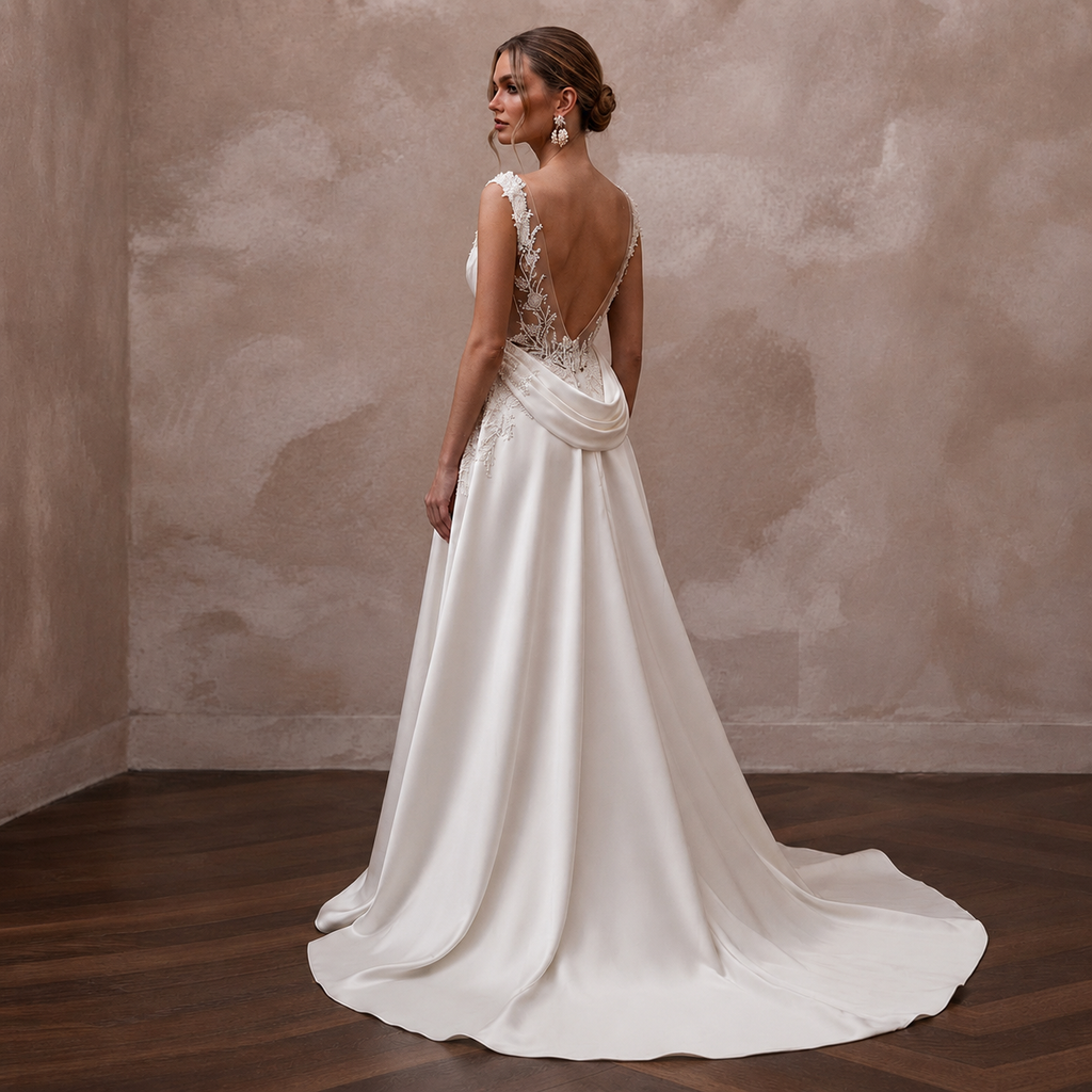 Scoop Neck Wedding Dresses with Romantic Satin Draping