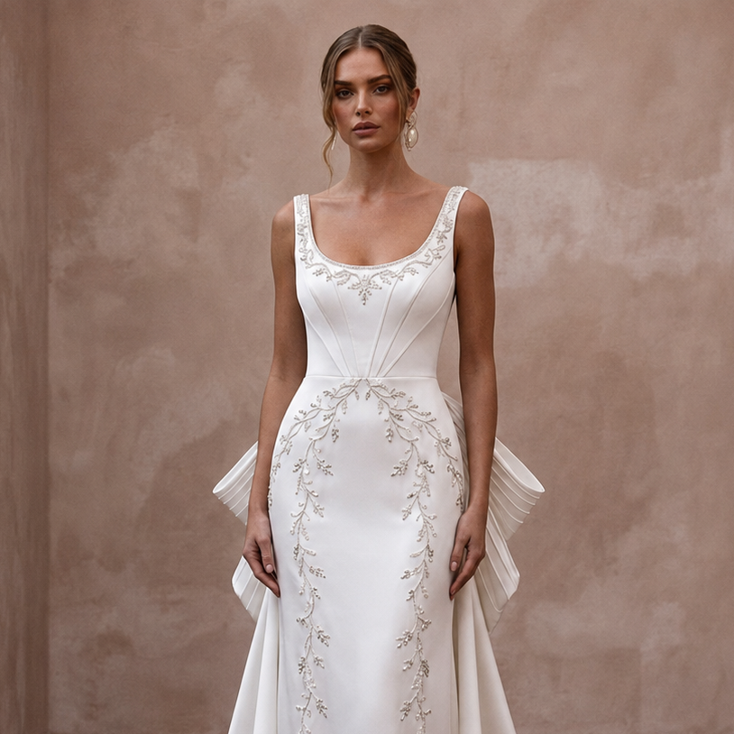 Scoop Neck Wedding Dresses with Soft Satin Finish