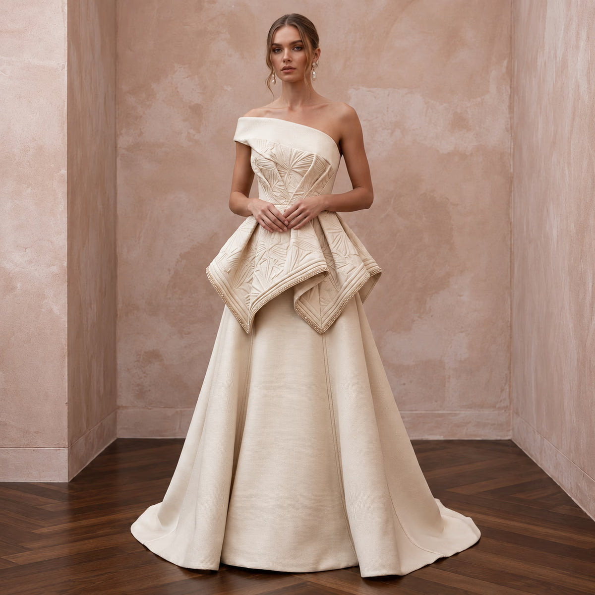 Sculptural Champagne Faille Peplum Bodice A-Line Wedding Dress