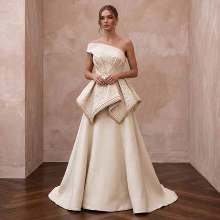 Sculptural Champagne Faille Peplum Bodice A-Line Wedding Dress