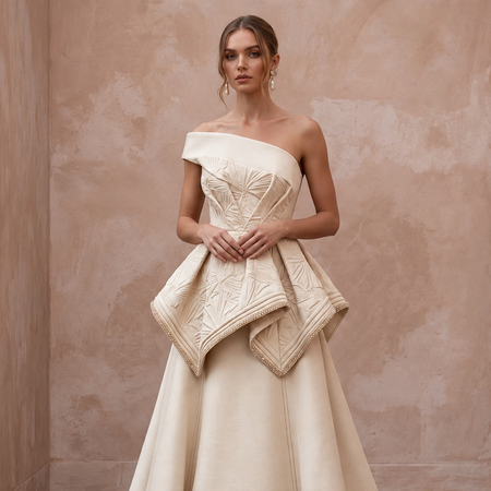 Sculptural Champagne Faille Peplum Bodice A-Line Wedding Dress