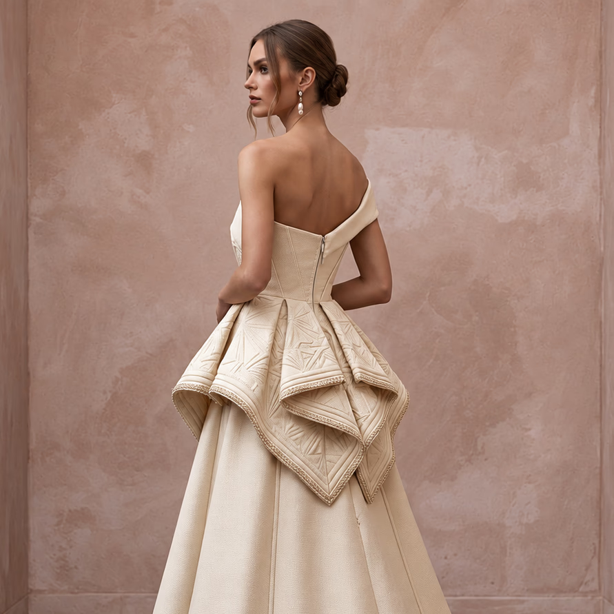 Sculptural Champagne Faille Peplum Bodice A-Line Wedding Dress