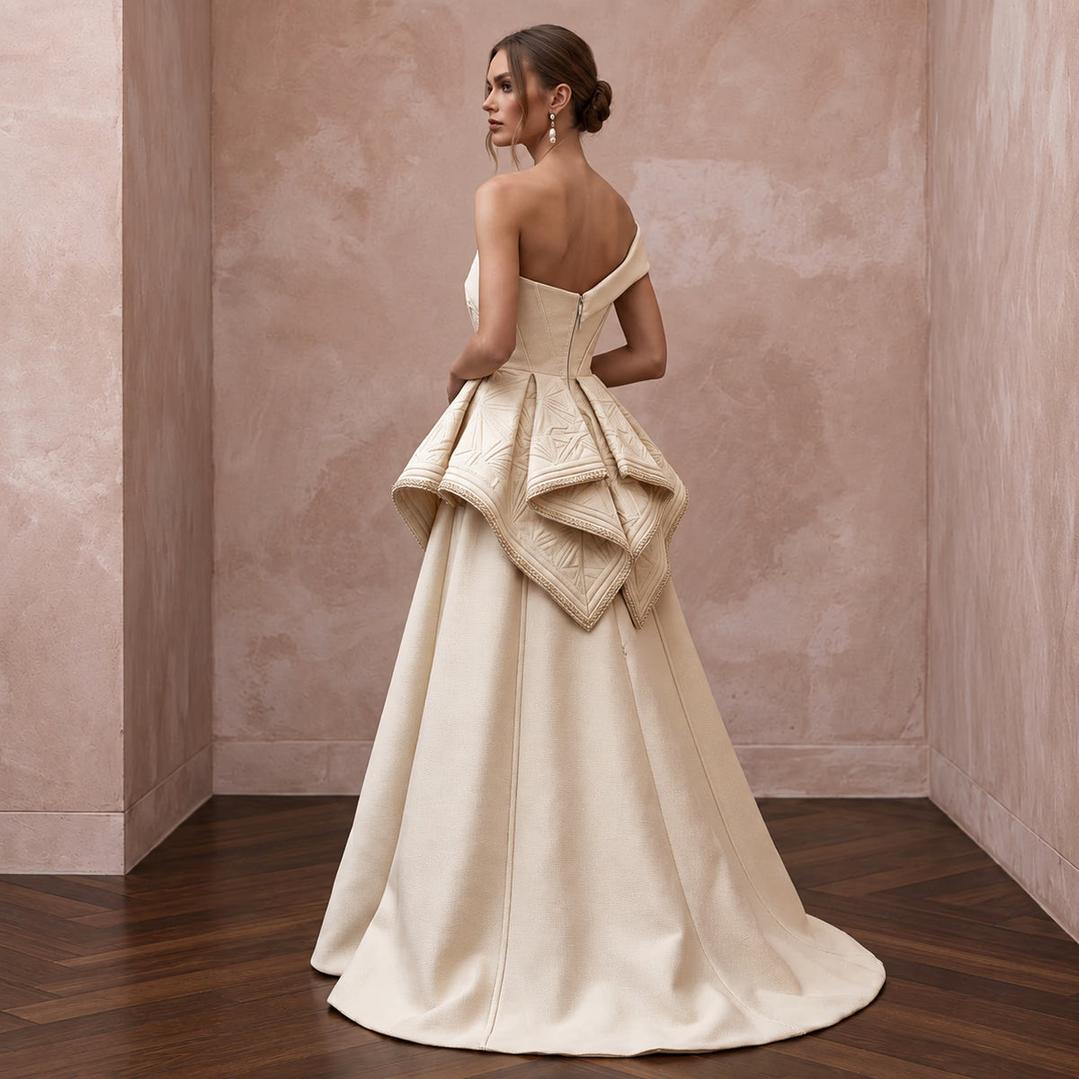 Sculptural Champagne Faille Peplum Bodice A-Line Wedding Dress