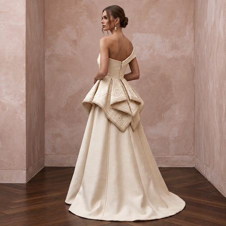 Sculptural Champagne Faille Peplum Bodice A-Line Wedding Dress