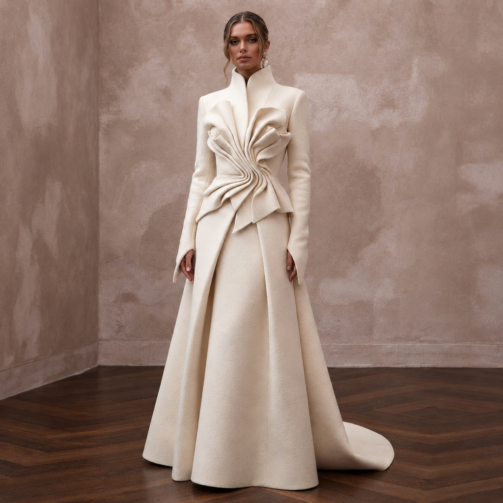 Sculptural Cream Felted Wool Sculptural Dress for Winter Rehearsal