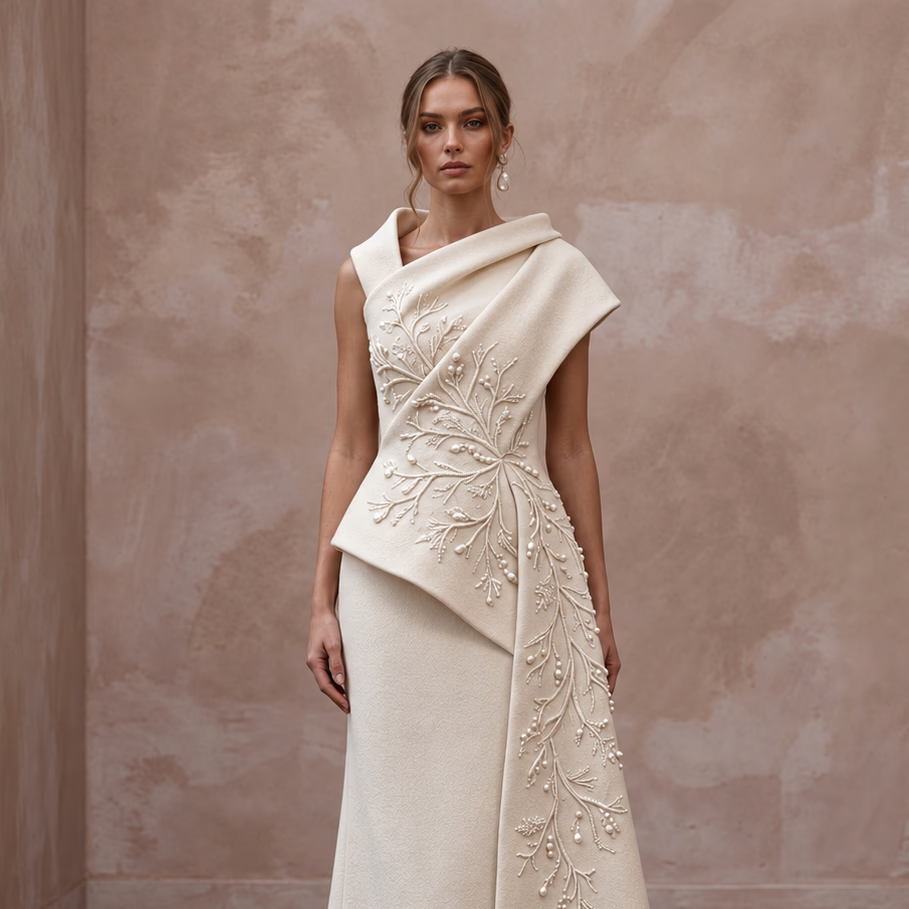 Sculptural Cream Felted Wool Wedding Dress for Winter Rehearsal