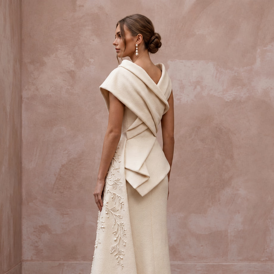 Sculptural Cream Felted Wool Wedding Dress for Winter Rehearsal