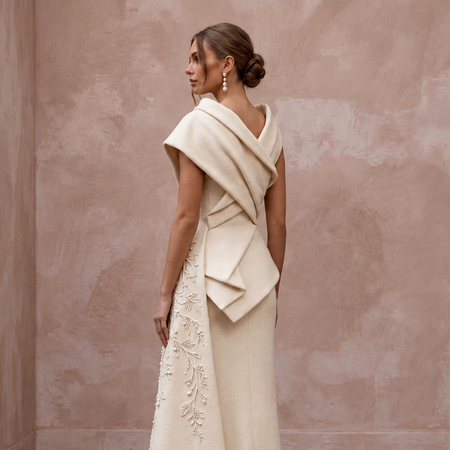 Sculptural Cream Felted Wool Wedding Dress for Winter Rehearsal