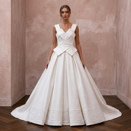 Sculptural Ivory Faille Ball Gown Wedding Dress for Art Gallery Reception - Apparel & Accessories > Clothing > Wedding & Bridal Party Dresses > Wedding Dresses - Mignonette Bridal