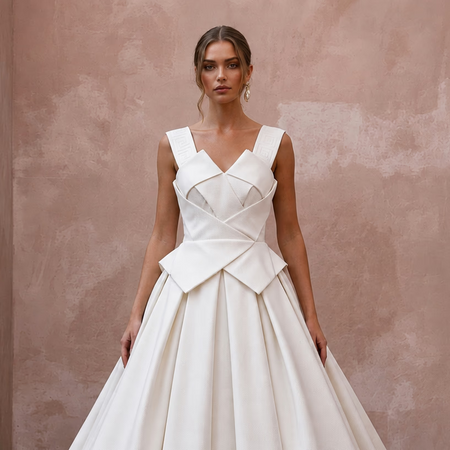 Sculptural Ivory Faille Ball Gown Wedding Dress for Art Gallery Reception - Apparel & Accessories > Clothing > Wedding & Bridal Party Dresses > Wedding Dresses - Mignonette Bridal