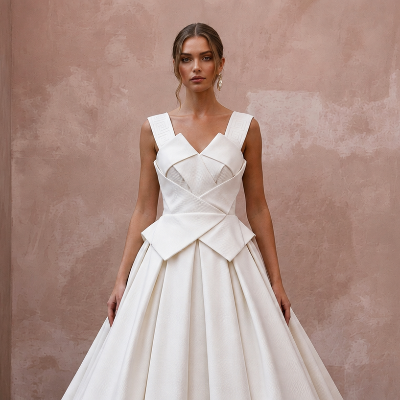 Sculptural Ivory Faille Ball Gown Wedding Dress for Art Gallery Reception