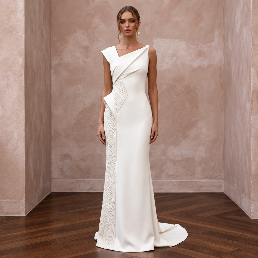 Sculptural Ivory Matte Crepe Asymmetrical Neckline Column Gown - Apparel & Accessories > Clothing > Wedding & Bridal Party Dresses > Wedding Dresses - Mignonette Bridal