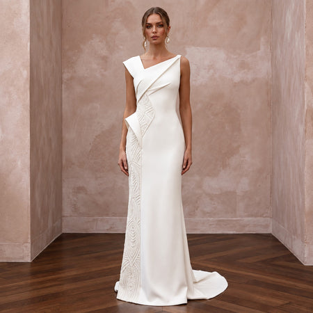 Sculptural Ivory Matte Crepe Asymmetrical Neckline Column Gown - Apparel & Accessories > Clothing > Wedding & Bridal Party Dresses > Wedding Dresses - Mignonette Bridal