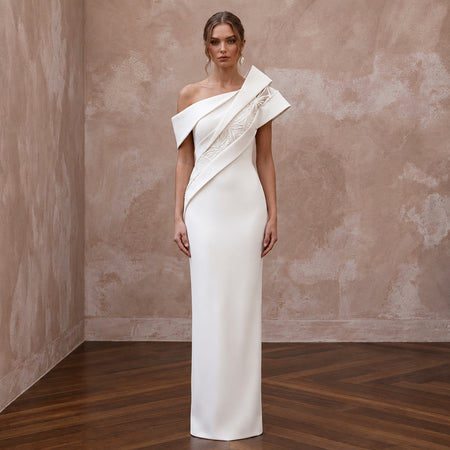 Sculptural Ivory Matte Crepe Asymmetrical Neckline Column Gown