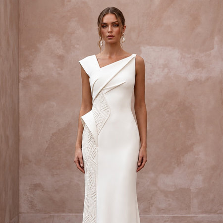 Sculptural Ivory Matte Crepe Asymmetrical Neckline Column Gown - Apparel & Accessories > Clothing > Wedding & Bridal Party Dresses > Wedding Dresses - Mignonette Bridal