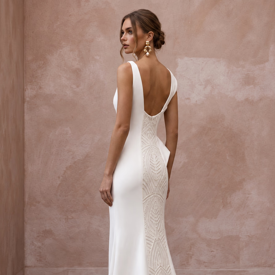 Sculptural Ivory Matte Crepe Asymmetrical Neckline Column Gown - Apparel & Accessories > Clothing > Wedding & Bridal Party Dresses > Wedding Dresses - Mignonette Bridal