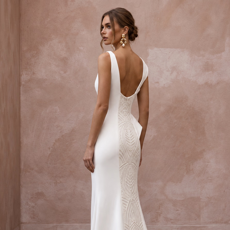 Sculptural Ivory Matte Crepe Asymmetrical Neckline Column Gown - Apparel & Accessories > Clothing > Wedding & Bridal Party Dresses > Wedding Dresses - Mignonette Bridal
