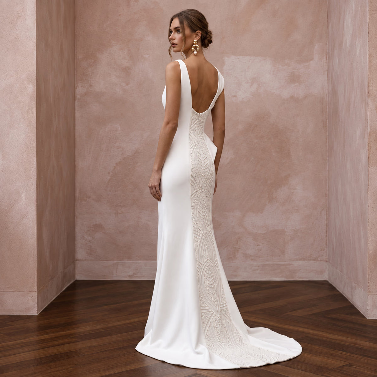 Sculptural Ivory Matte Crepe Asymmetrical Neckline Column Gown - Apparel & Accessories > Clothing > Wedding & Bridal Party Dresses > Wedding Dresses - Mignonette Bridal
