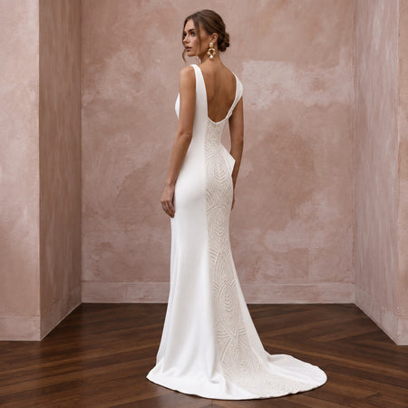 Sculptural Ivory Matte Crepe Asymmetrical Neckline Column Gown - Apparel & Accessories > Clothing > Wedding & Bridal Party Dresses > Wedding Dresses - Mignonette Bridal