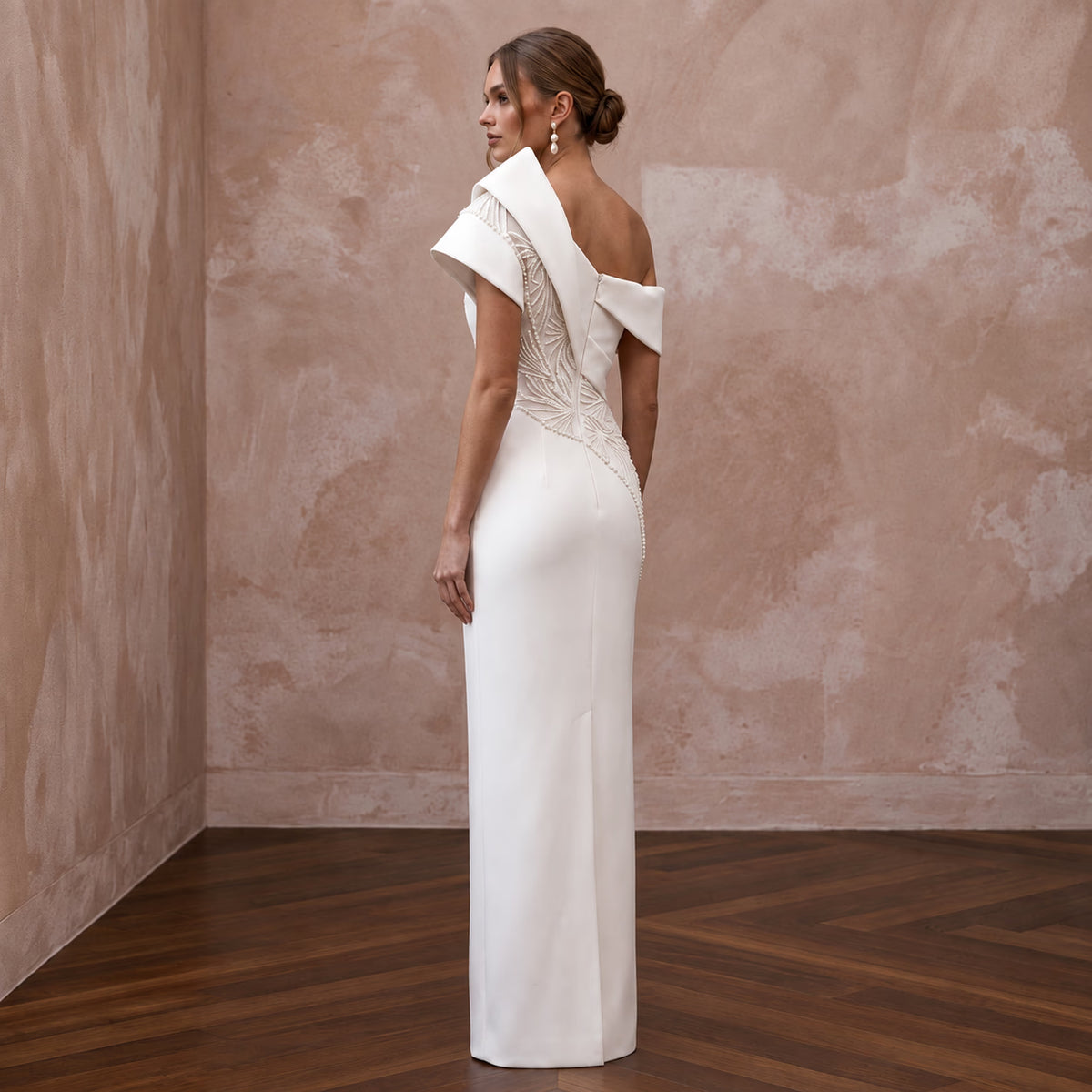 Sculptural Ivory Matte Crepe Asymmetrical Neckline Column Gown