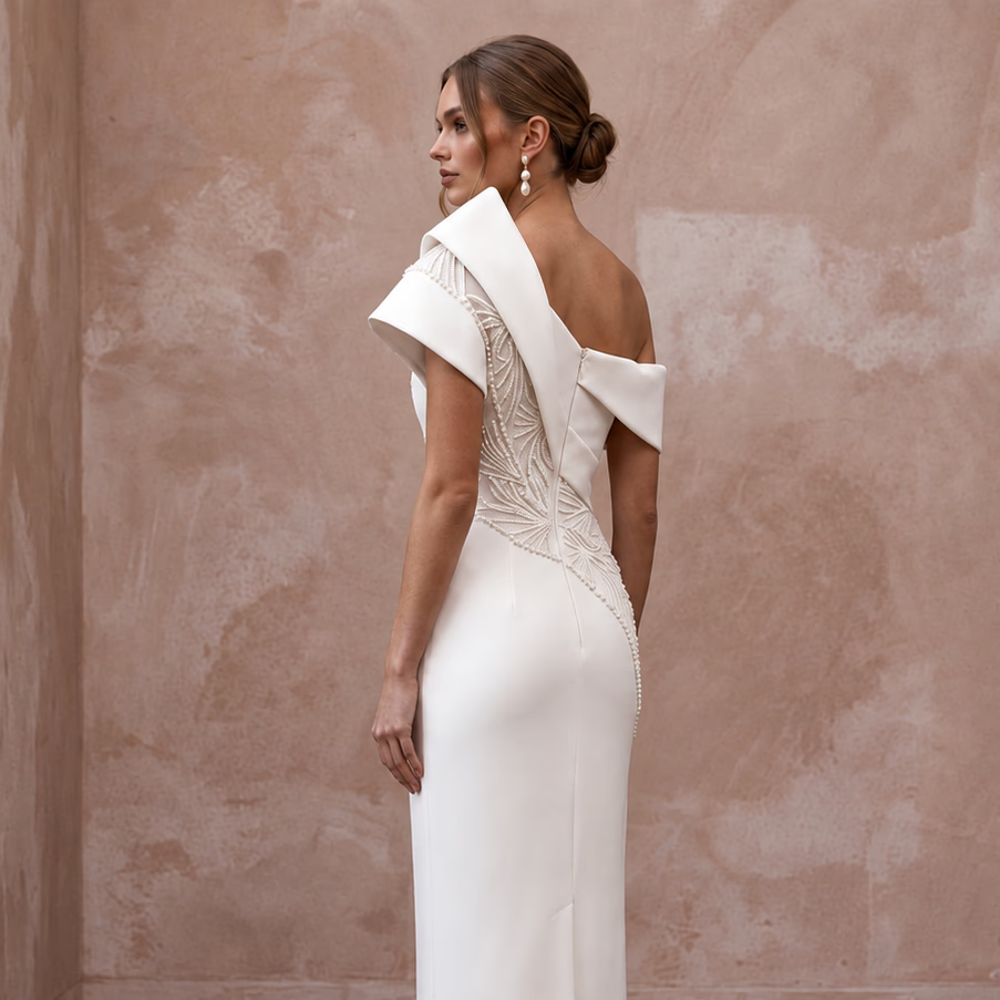 Sculptural Ivory Matte Crepe Asymmetrical Neckline Column Gown