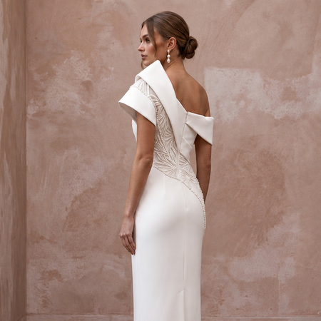 Sculptural Ivory Matte Crepe Asymmetrical Neckline Column Gown