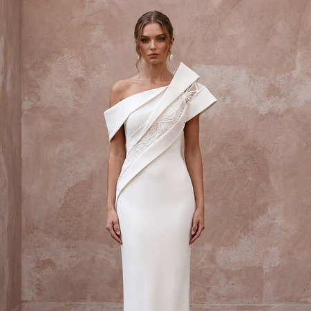 Sculptural Ivory Matte Crepe Asymmetrical Neckline Column Gown