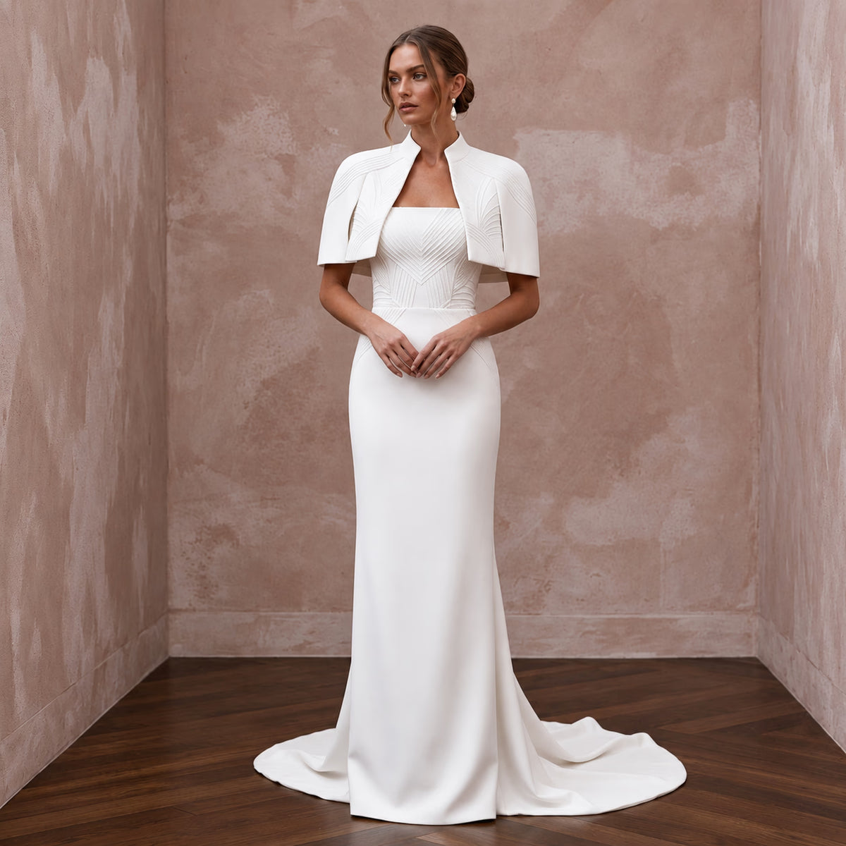 Sculptural Ivory Matte Crepe Strapless Column Gown with Capelet