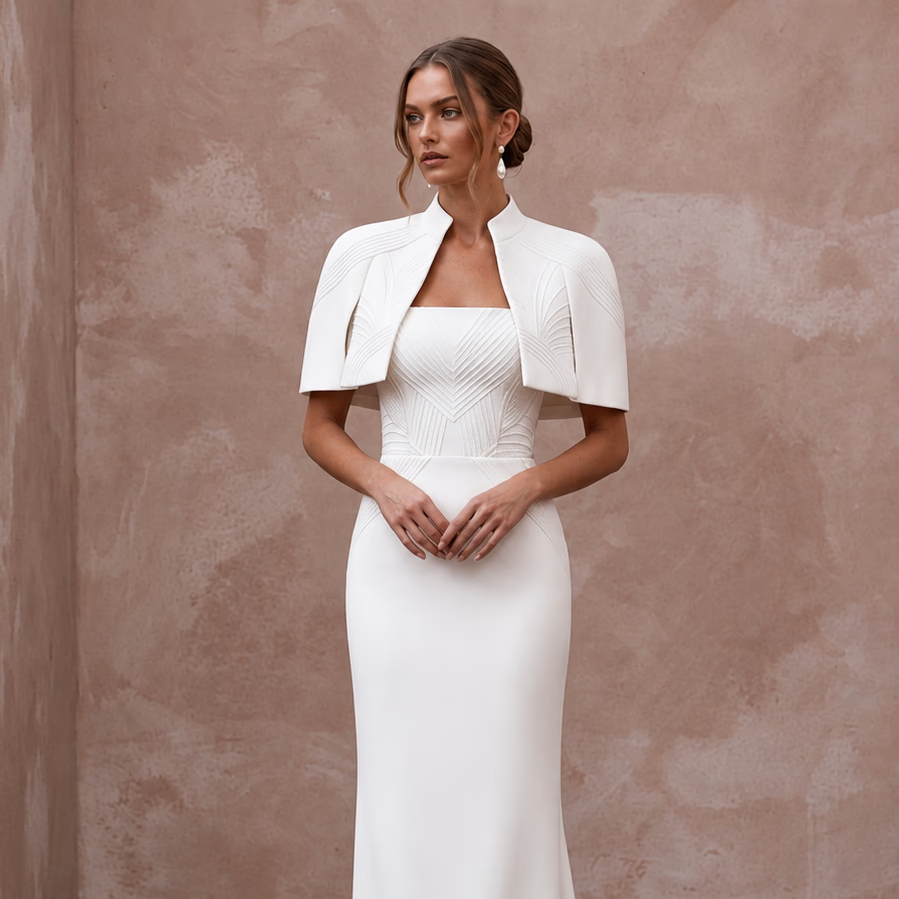 Sculptural Ivory Matte Crepe Strapless Column Gown with Capelet