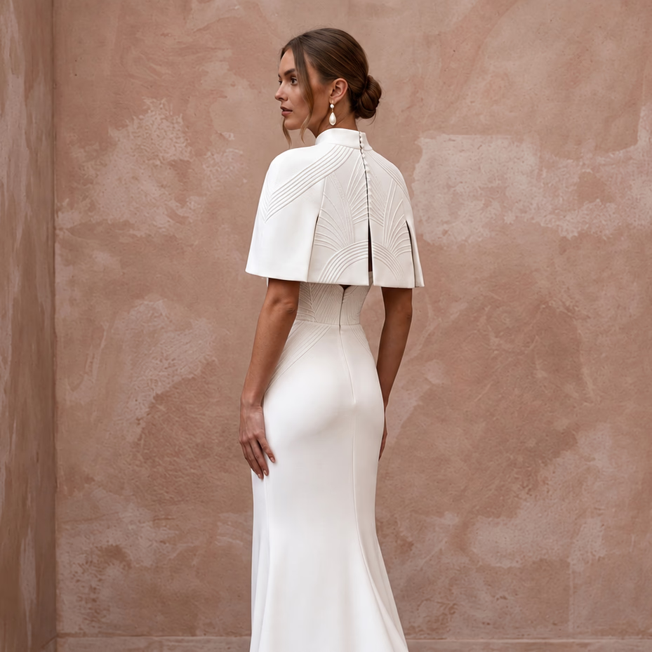 Sculptural Ivory Matte Crepe Strapless Column Gown with Capelet
