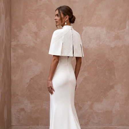Sculptural Ivory Matte Crepe Strapless Column Gown with Capelet