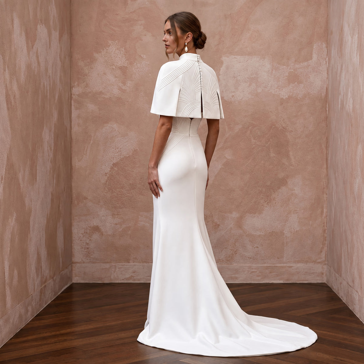 Sculptural Ivory Matte Crepe Strapless Column Gown with Capelet