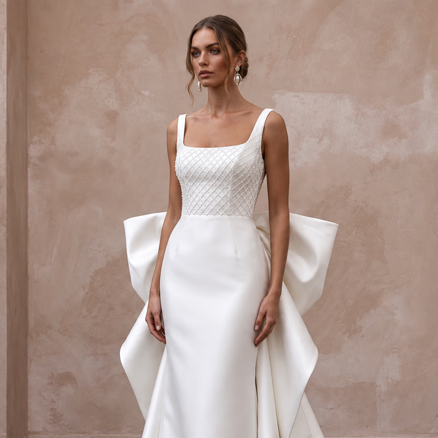 Sculptural Ivory Mikado Silk Trumpet Gown with Oversized Bow