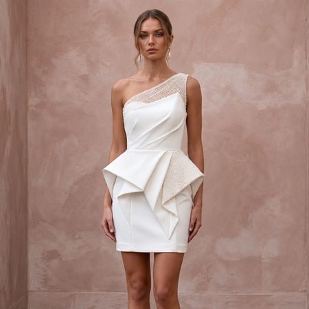 Sculptural Ivory Peplum Crepe Mini Bridal Gown for Cocktail Rehearsal - Apparel & Accessories > Clothing > Wedding & Bridal Party Dresses > Wedding Dresses - Mignonette Bridal