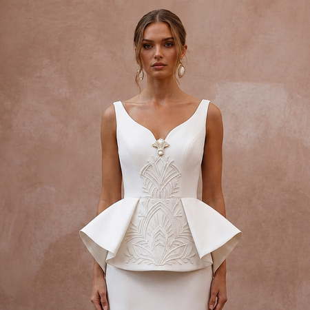 Sculptural Ivory Peplum Crepe Mini for Cocktail Rehearsal - Apparel & Accessories > Clothing > Wedding & Bridal Party Dresses > Wedding Dresses - Mignonette Bridal