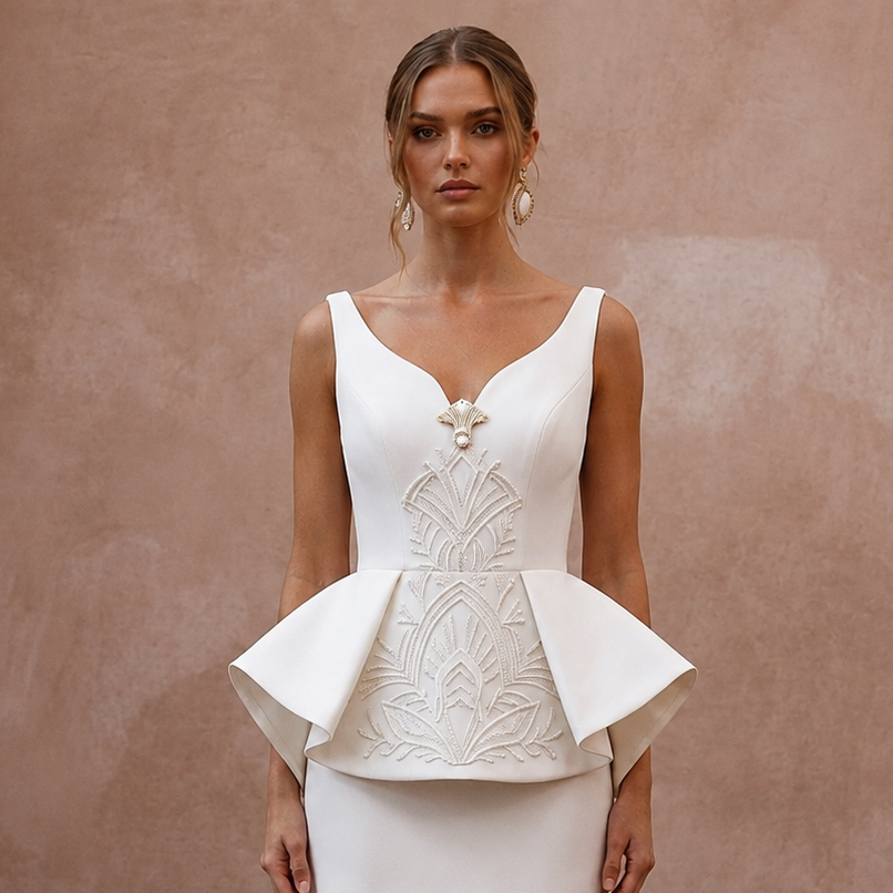 Sculptural Ivory Peplum Crepe Mini for Cocktail Rehearsal