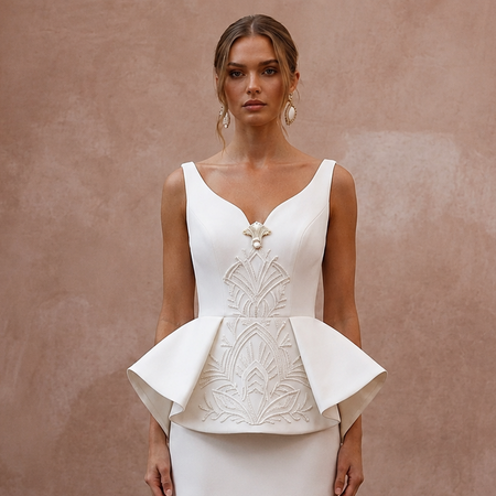Sculptural Ivory Peplum Crepe Mini for Cocktail Rehearsal