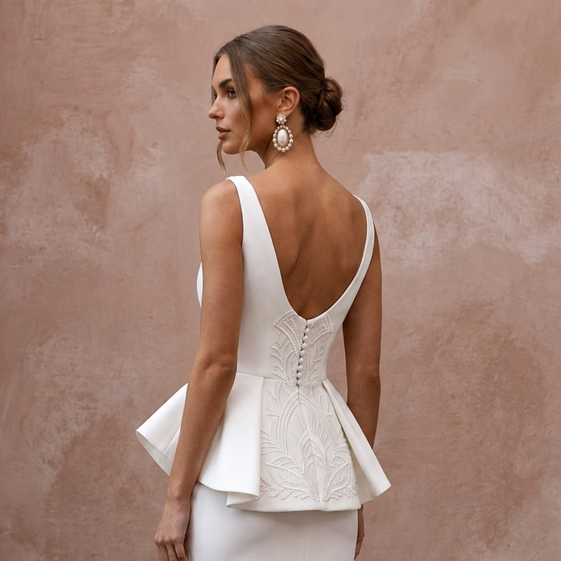 Sculptural Ivory Peplum Crepe Mini for Cocktail Rehearsal - Apparel & Accessories > Clothing > Wedding & Bridal Party Dresses > Wedding Dresses - Mignonette Bridal