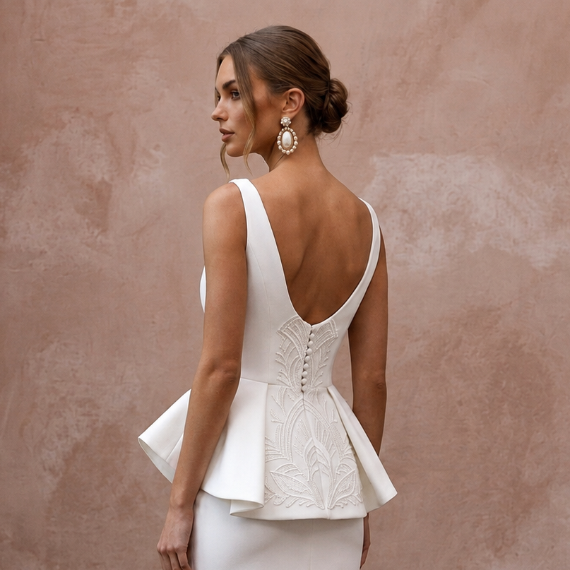 Sculptural Ivory Peplum Crepe Mini for Cocktail Rehearsal