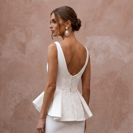 Sculptural Ivory Peplum Crepe Mini for Cocktail Rehearsal
