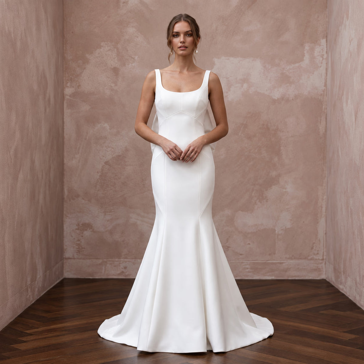 Sculptural Ivory Silk Mikado Trumpet Gown with Asymmetrical Bow Back