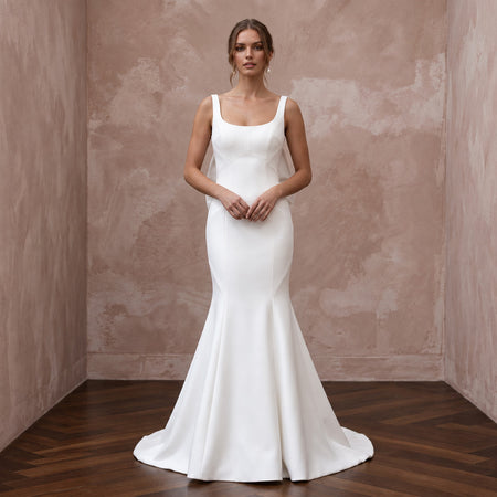 Sculptural Ivory Silk Mikado Trumpet Gown with Asymmetrical Bow Back - Apparel & Accessories > Clothing > Wedding & Bridal Party Dresses > Wedding Dresses - Mignonette Bridal