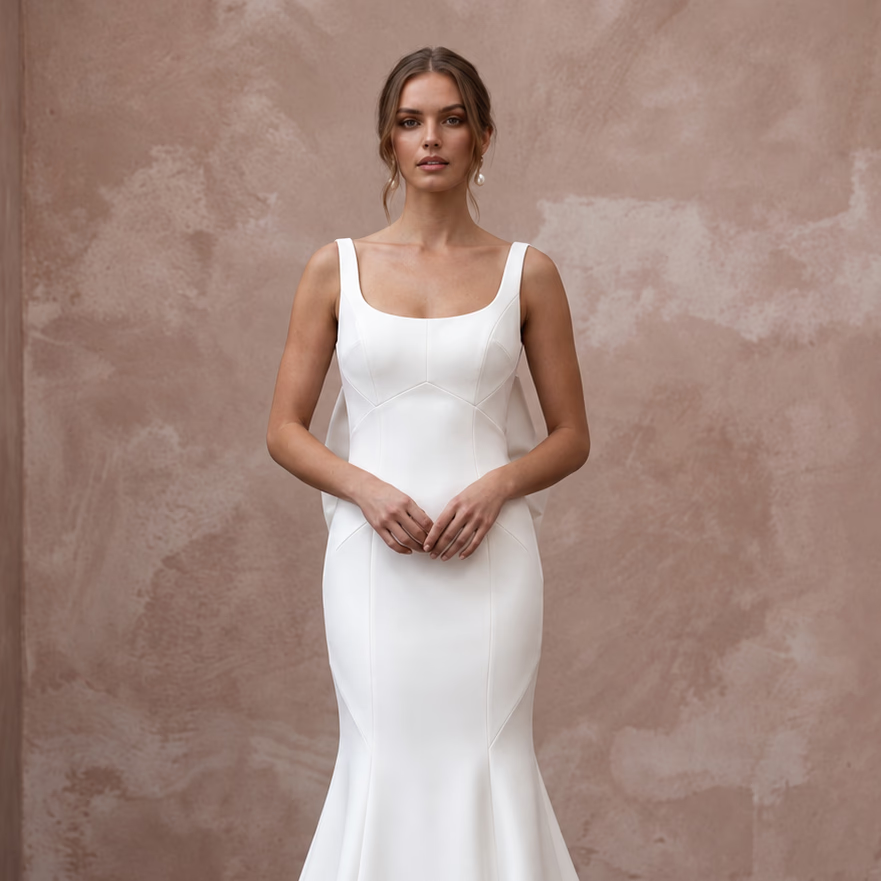 Sculptural Ivory Silk Mikado Trumpet Gown with Asymmetrical Bow Back - Apparel & Accessories > Clothing > Wedding & Bridal Party Dresses > Wedding Dresses - Mignonette Bridal