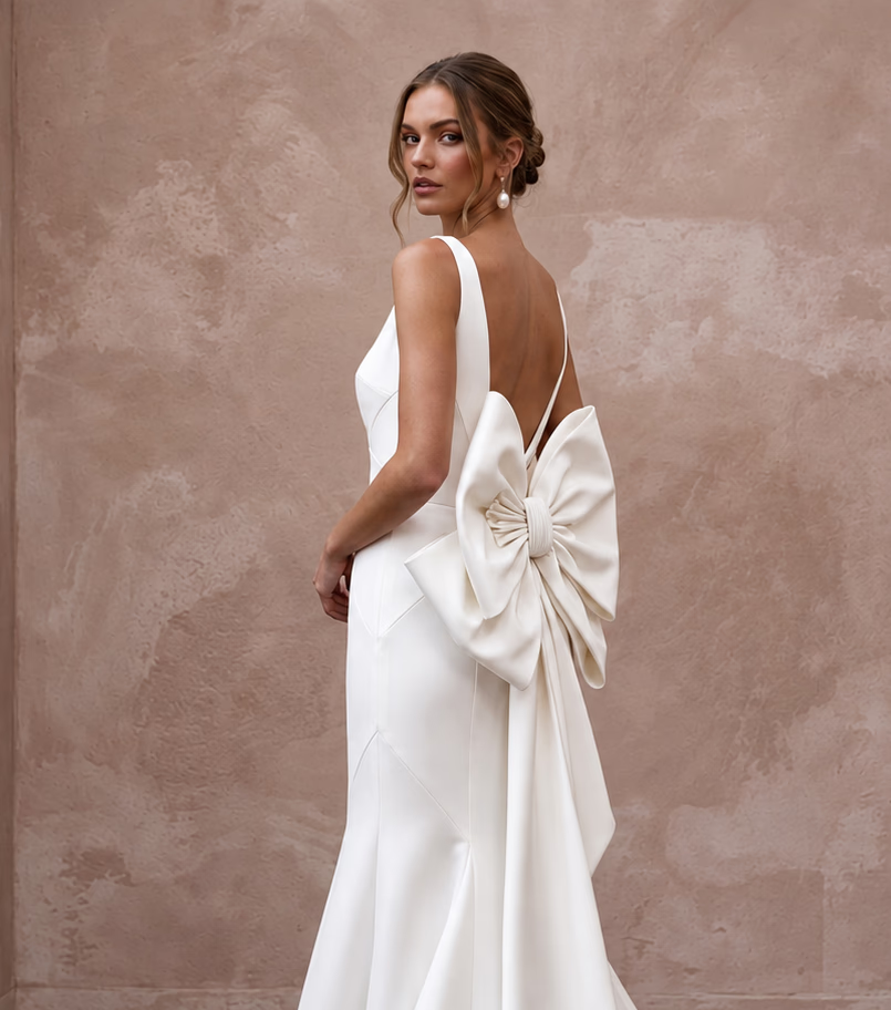 Sculptural Ivory Silk Mikado Trumpet Gown with Asymmetrical Bow Back - Apparel & Accessories > Clothing > Wedding & Bridal Party Dresses > Wedding Dresses - Mignonette Bridal
