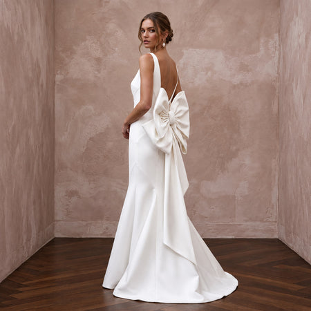 Sculptural Ivory Silk Mikado Trumpet Gown with Asymmetrical Bow Back - Apparel & Accessories > Clothing > Wedding & Bridal Party Dresses > Wedding Dresses - Mignonette Bridal