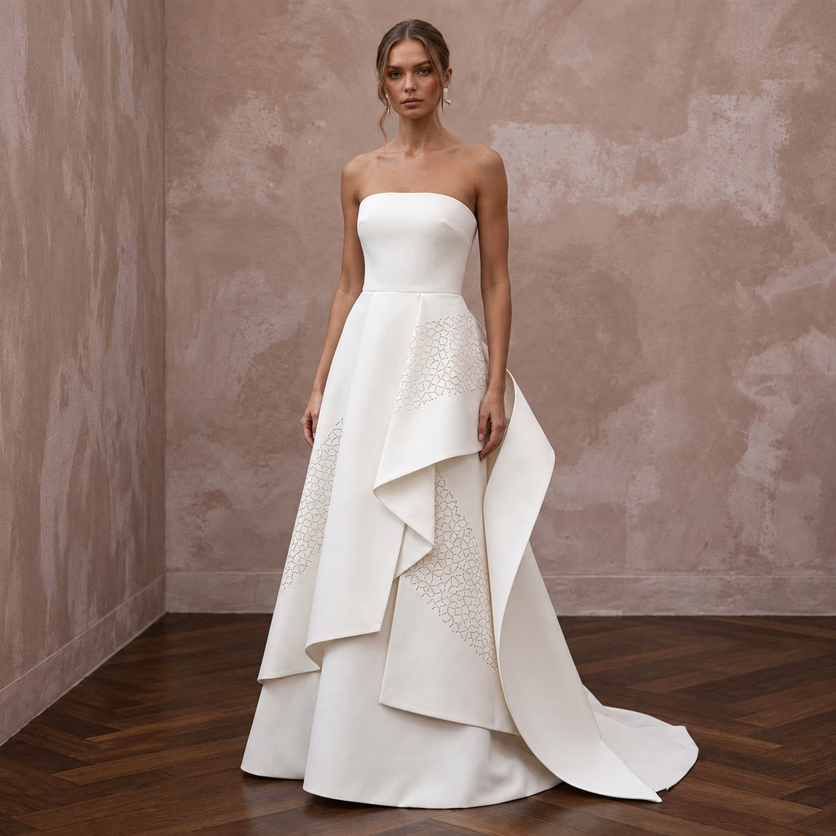 Sculptural Off - White Faille Strapless Modern Art Gallery Wedding Gown - Apparel & Accessories > Clothing > Wedding & Bridal Party Dresses > Wedding Dresses - Mignonette Bridal