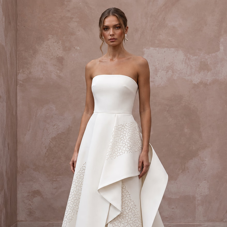 Sculptural Off - White Faille Strapless Modern Art Gallery Wedding Gown - Apparel & Accessories > Clothing > Wedding & Bridal Party Dresses > Wedding Dresses - Mignonette Bridal