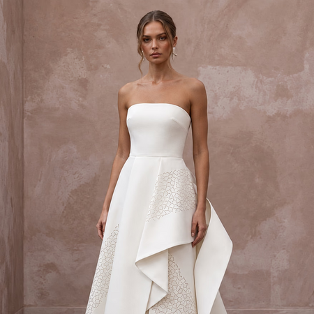 Sculptural Off - White Faille Strapless Modern Art Gallery Wedding Gown - Apparel & Accessories > Clothing > Wedding & Bridal Party Dresses > Wedding Dresses - Mignonette Bridal