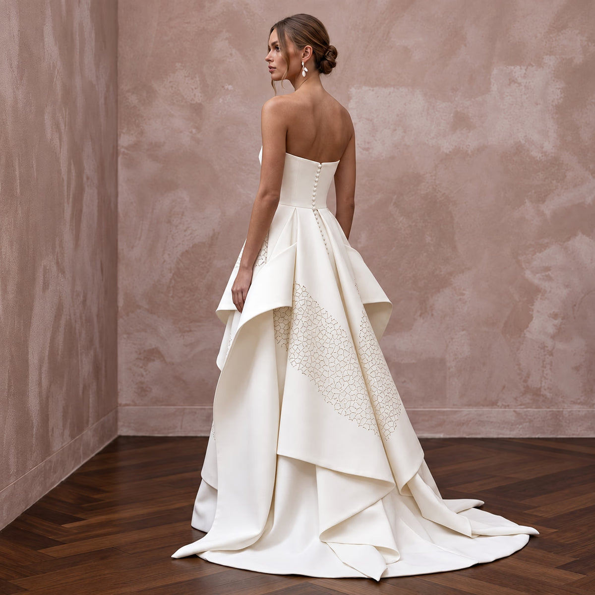 Sculptural Off - White Faille Strapless Modern Art Gallery Wedding Gown - Apparel & Accessories > Clothing > Wedding & Bridal Party Dresses > Wedding Dresses - Mignonette Bridal